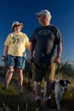 Older couple on trail with dog walking with them not on leash