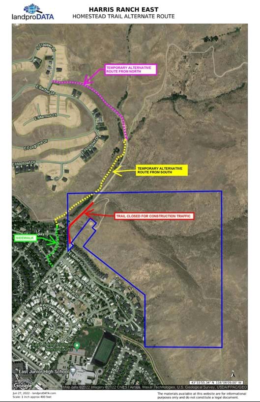 Map indicating trail closure and temporary alternate route for Homestead Trail.