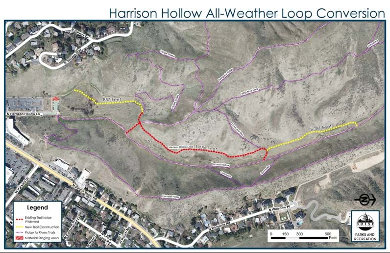 Map showing existing trail to be widened, new trail constructing, and material staging areas during trail construction.