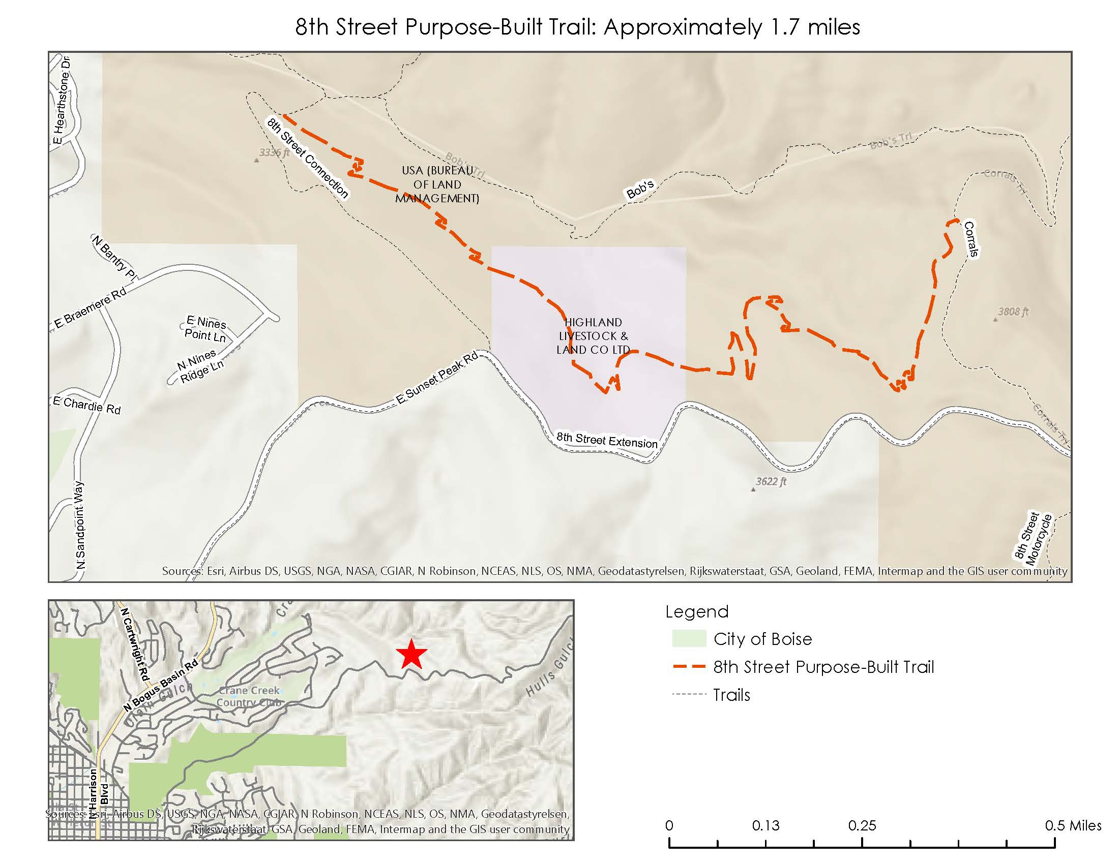 Map of 8th Street Connection linking Corrals Trail #30 and lower Bob's Trail #31. 
